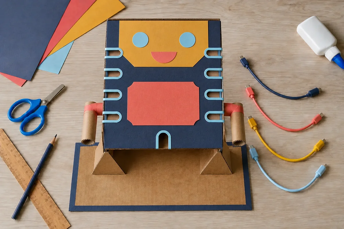 Étape 4 de « Fabriquer un range-câbles robot en carton » : décorer sans masquer les ouvertures.