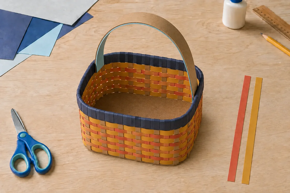 Étape 4 de « Créer un panier en carton tressé sans agrafe » : finir le bord et poser l'anse.