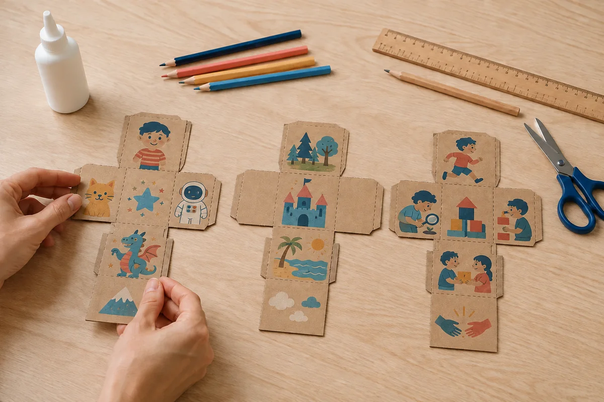Étape 2 de « Créer des dés à histoires en carton réutilisable » : dessiner les catégories d'histoire.