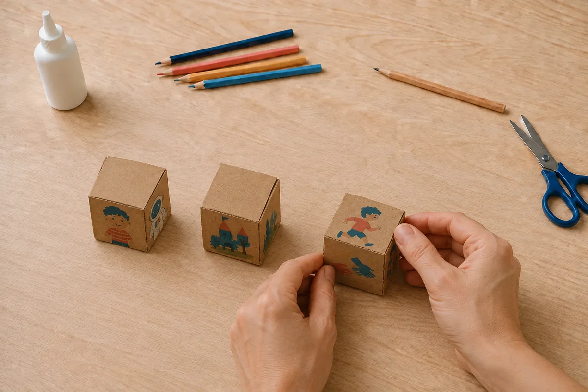 Étape 4 de « Créer des dés à histoires en carton réutilisable » : fermer les trois dés.