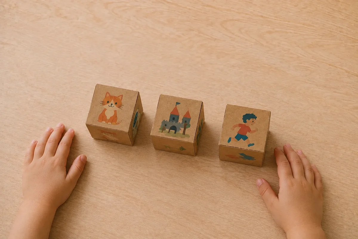 Étape 5 de « Créer des dés à histoires en carton réutilisable » : lancer et inventer un récit.