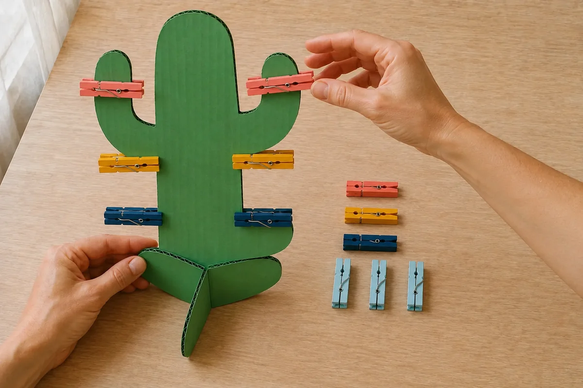 Étape 4 de « Construire un cactus d'équilibre avec des pinces en bois » : placer les premières pinces.
