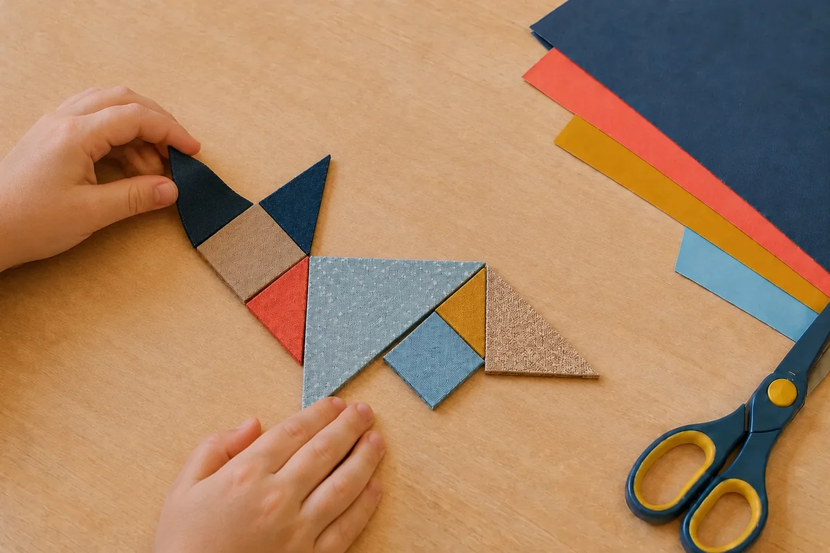 Étape 5 de « Fabriquer un tangram tactile en carton et tissu » : composer au toucher.
