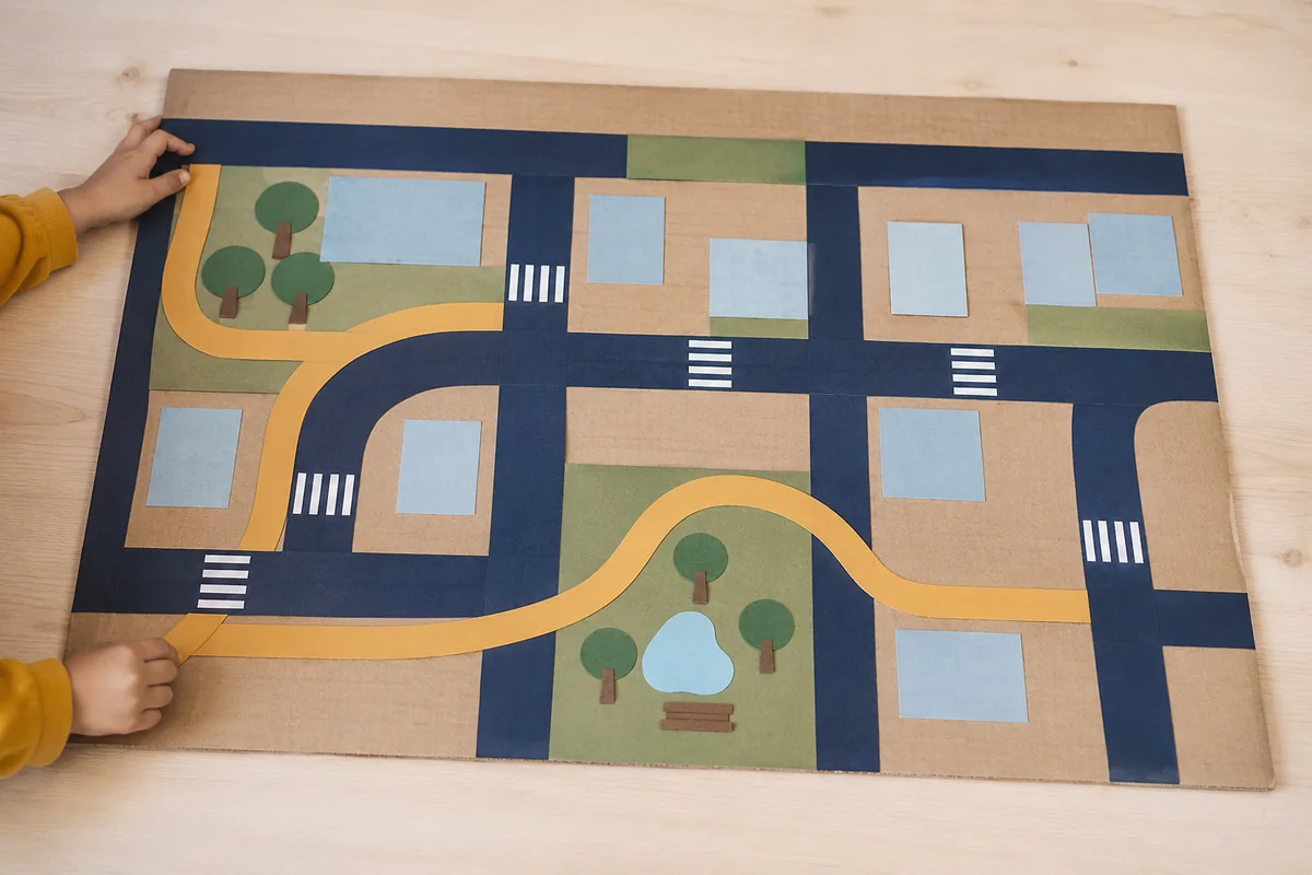 Étape 1 de « Construire une maquette de quartier en emballages » : dessiner le plan du quartier.