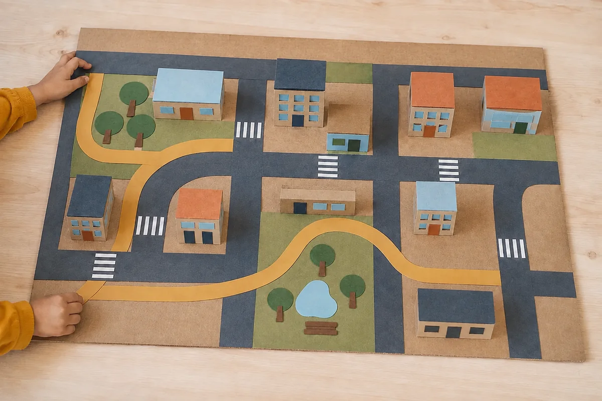 Étape 3 de « Construire une maquette de quartier en emballages » : colorer rues et espaces publics.