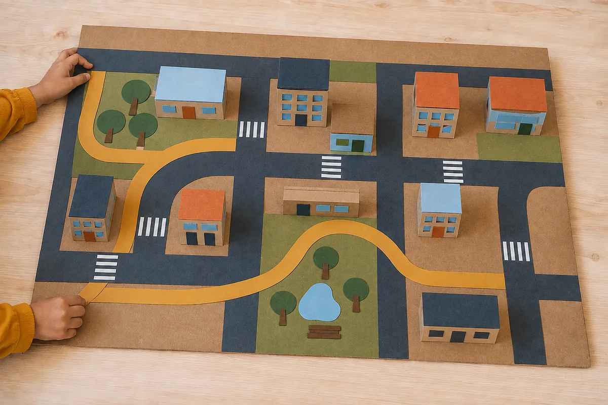 Étape 4 de « Construire une maquette de quartier en emballages » : installer les bâtiments.