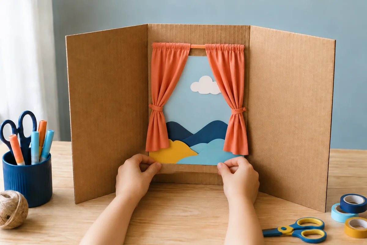 Étape 3 de « Créer un théâtre de marionnettes de table pliable » : ajouter rideau et décors.