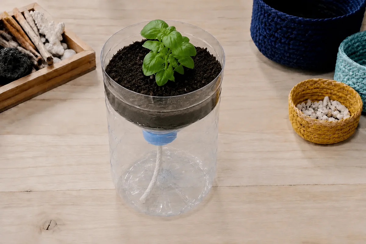 Étape 4 de « Construire un pot auto-arrosant avec une bouteille préparée par l'adulte » : ajouter terre et plante.