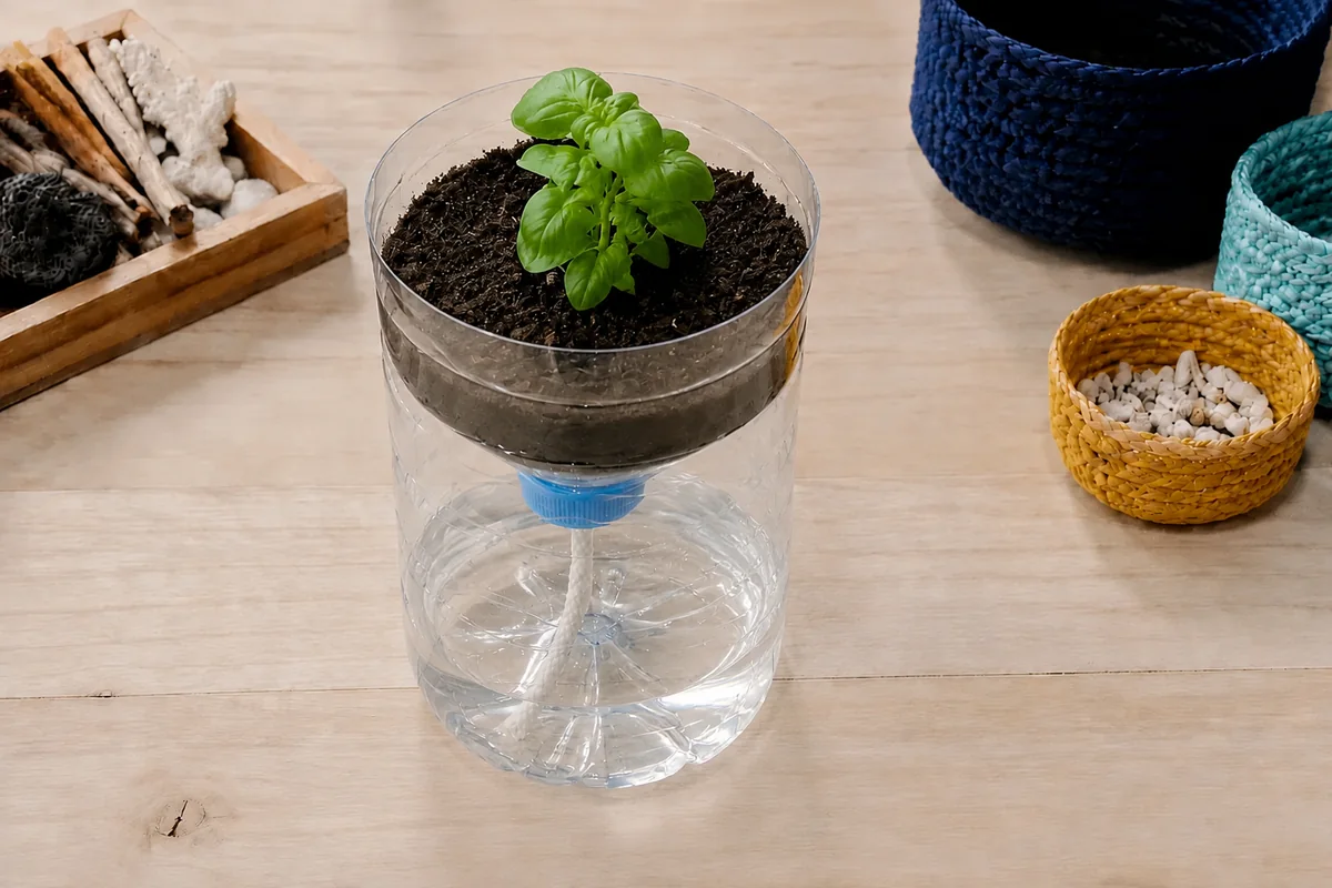 Étape 5 de « Construire un pot auto-arrosant avec une bouteille préparée par l'adulte » : remplir et observer.