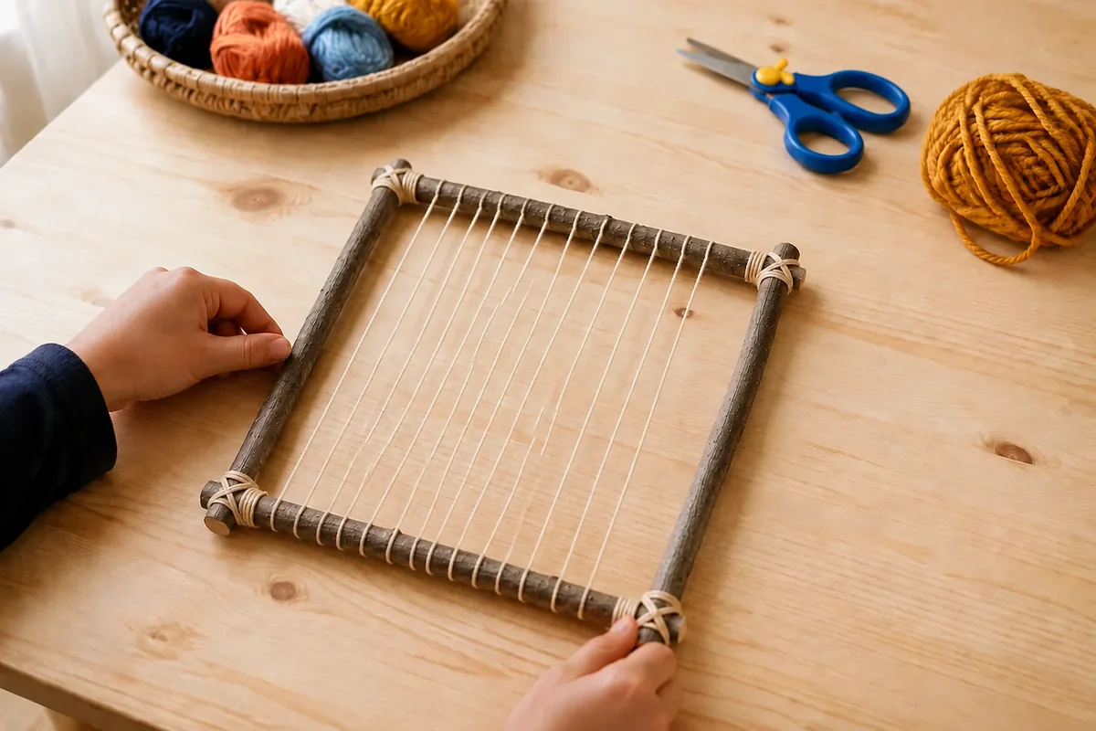 Étape 3 de « Fabriquer un métier à tisser avec des brindilles tombées » : installer les fils de chaîne.