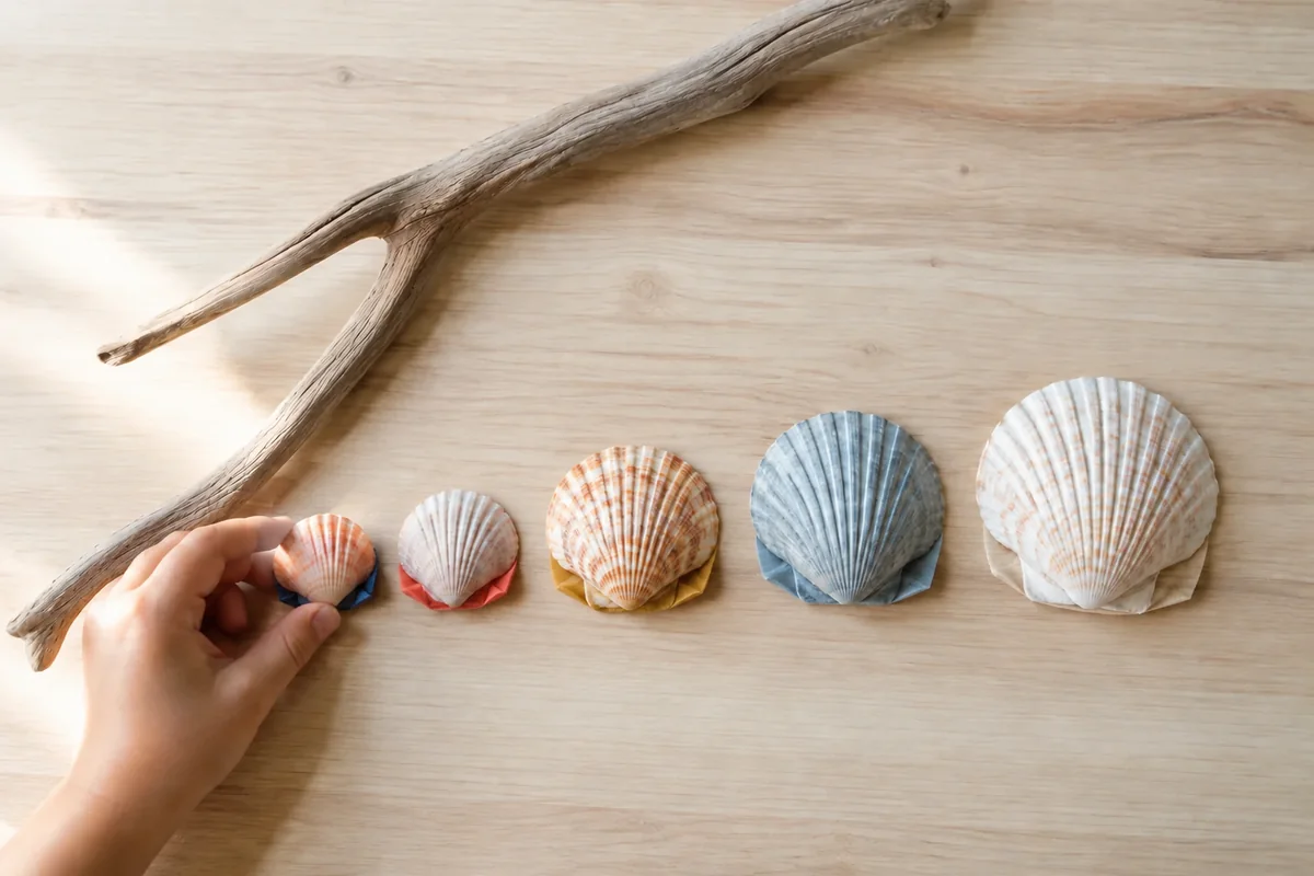 Étape 2 de « Créer un mobile souvenir de plage sans percer les coquillages » : plier les berceaux de papier.