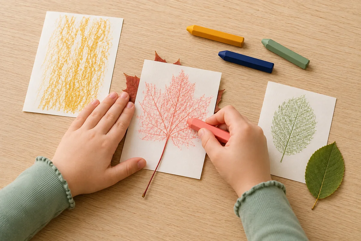 Étape 3 de « Créer un carnet d'empreintes d'écorces et de feuilles » : ajouter les empreintes de feuilles.