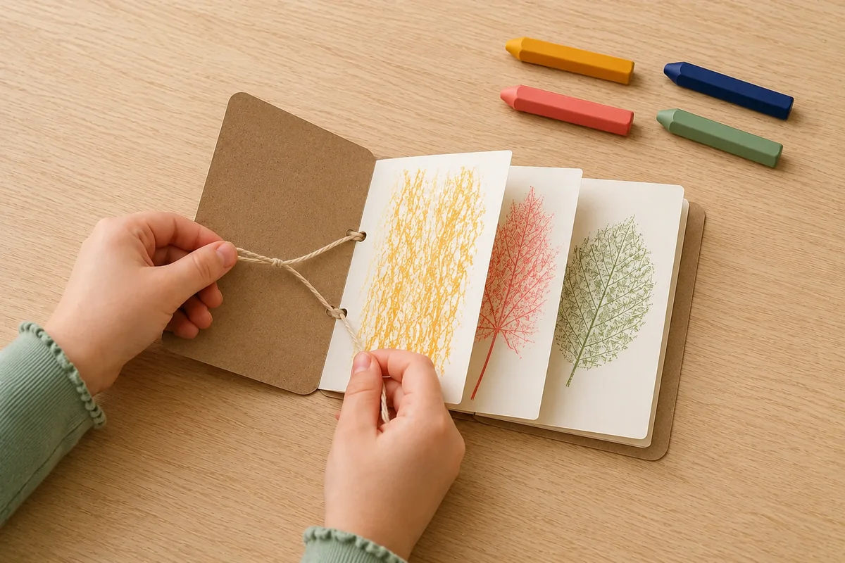 Étape 4 de « Créer un carnet d'empreintes d'écorces et de feuilles » : classer et relier les pages.