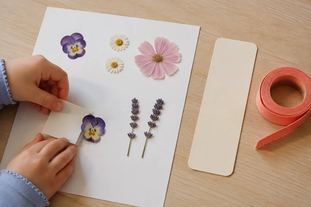 Étape 1 de « Fabriquer un marque-page floral sans résine » : choisir les fleurs pressées.