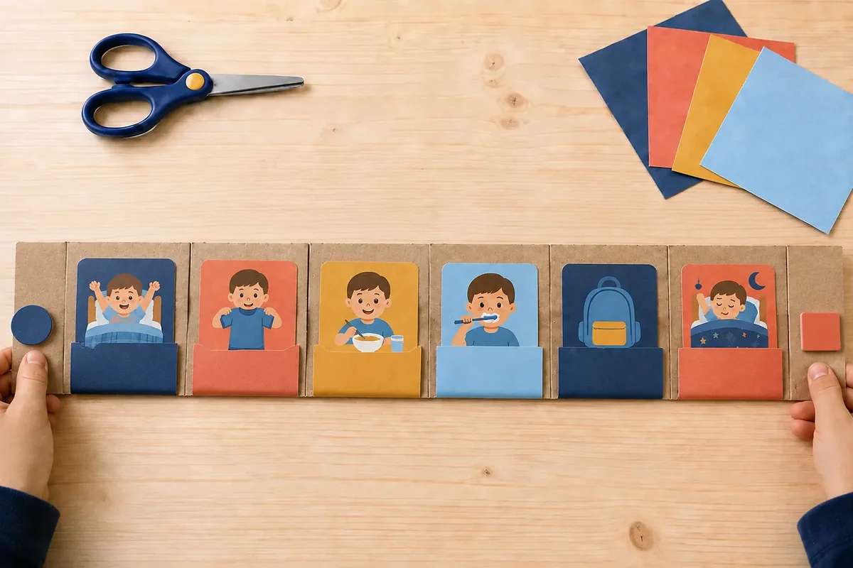 Étape 4 de « Frise de routine dessinée par l'enfant, sans imprimante » : assembler et personnaliser.