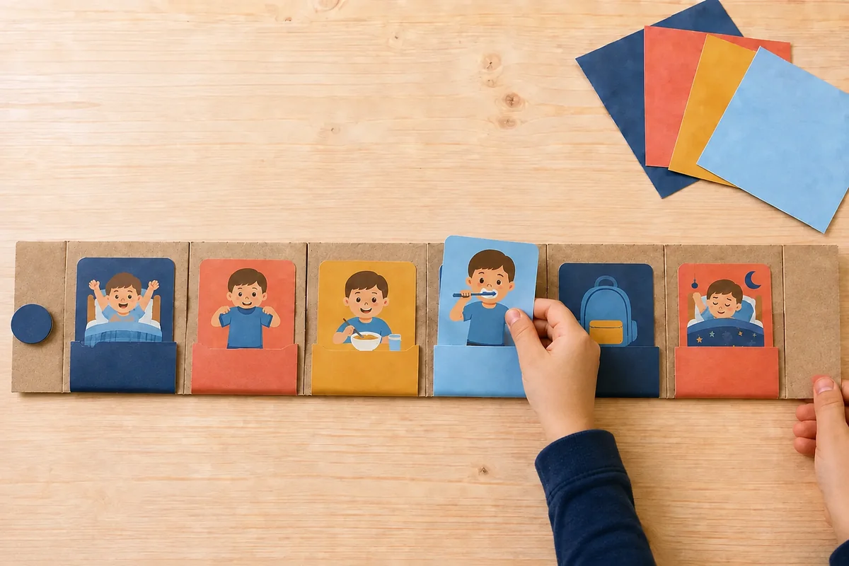 Étape 5 de « Frise de routine dessinée par l'enfant, sans imprimante » : utiliser puis modifier l'ordre.