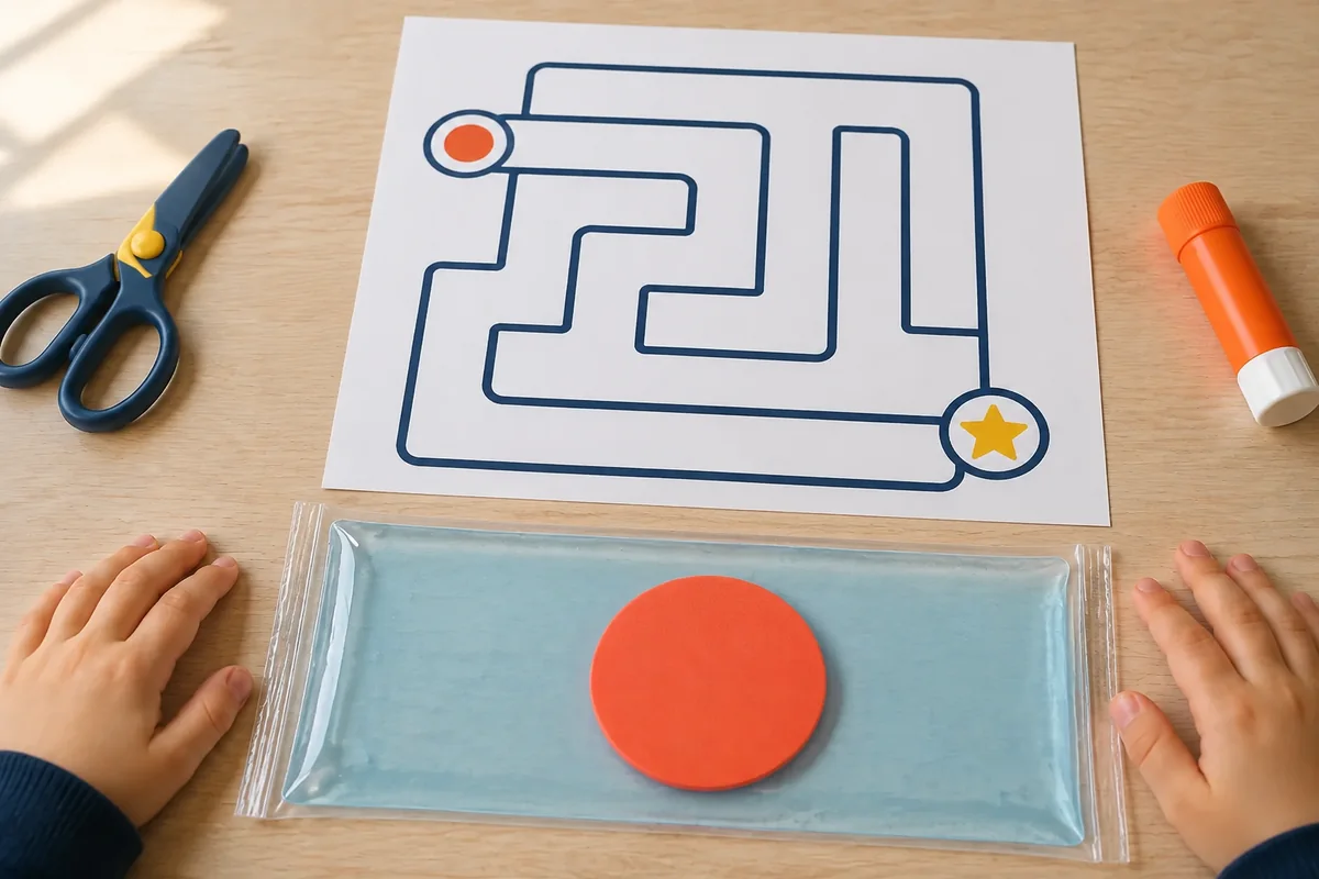 Étape 2 de « Créer un labyrinthe sensoriel plat dans une pochette scellée » : remplir la pochette.