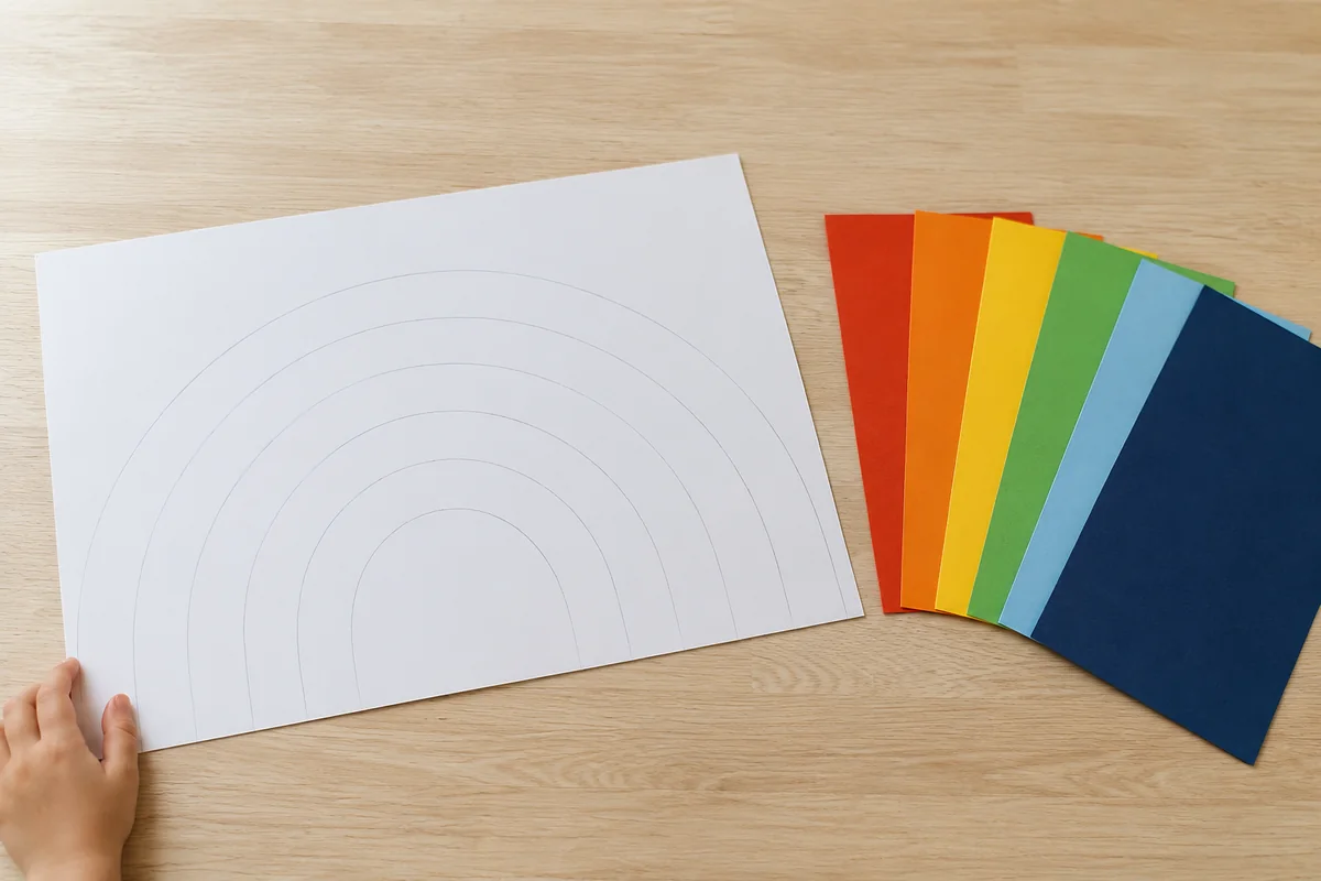 Étape 1 de « Réaliser un arc-en-ciel en papier déchiré sans ciseaux » : préparer le support et les couleurs.
