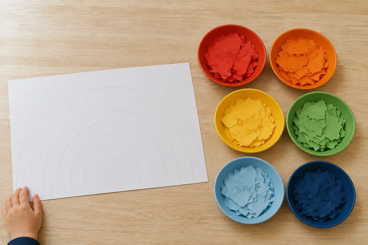 Étape 2 de « Réaliser un arc-en-ciel en papier déchiré sans ciseaux » : déchirer de grandes bandes.