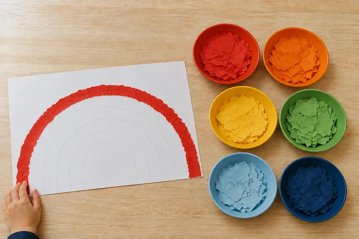 Étape 3 de « Réaliser un arc-en-ciel en papier déchiré sans ciseaux » : coller le premier arc.
