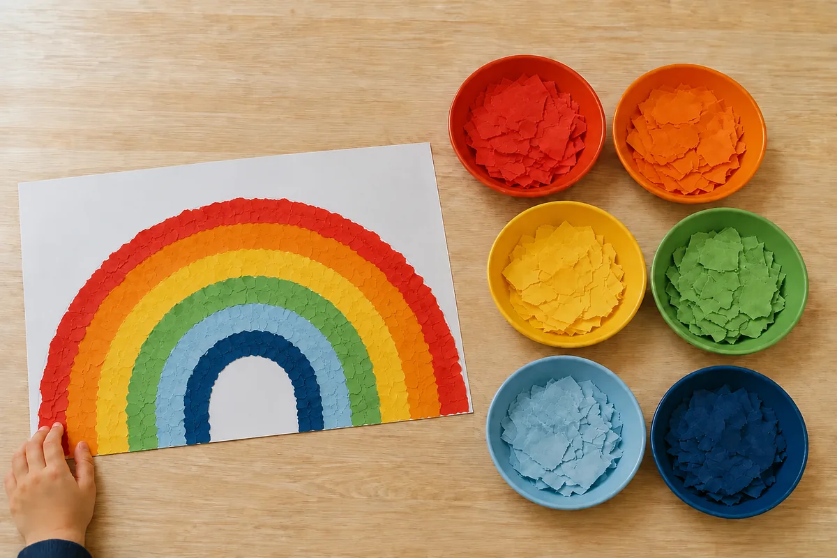 Étape 4 de « Réaliser un arc-en-ciel en papier déchiré sans ciseaux » : compléter toutes les couleurs.