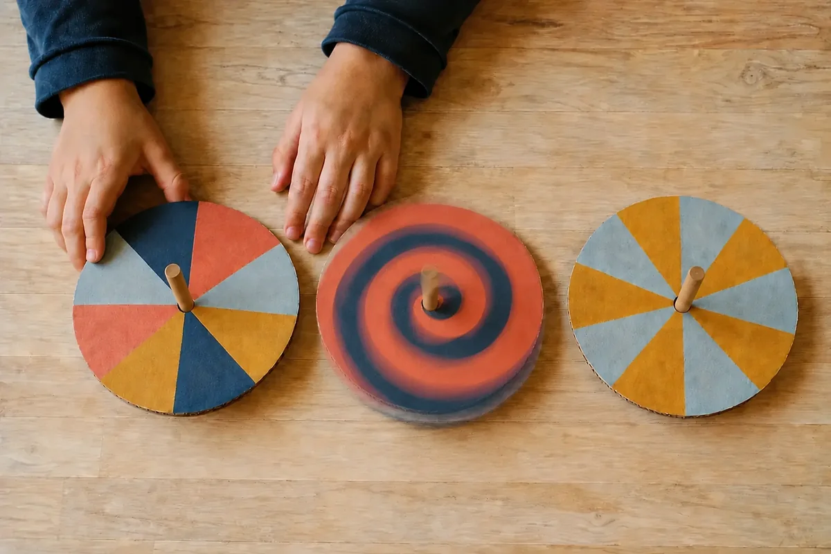 Étape 5 de « Créer une toupie des couleurs en carton » : observer les couleurs en rotation.