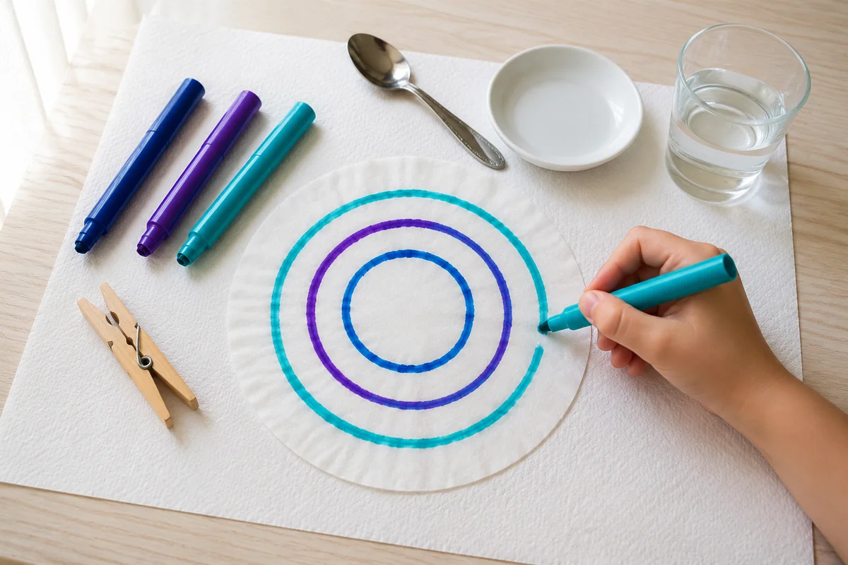 Étape 1 — tracer les zones de couleur pour transformer un filtre à café en papillon par chromatographie, avec un filtre plat portant trois arcs colorés espacés