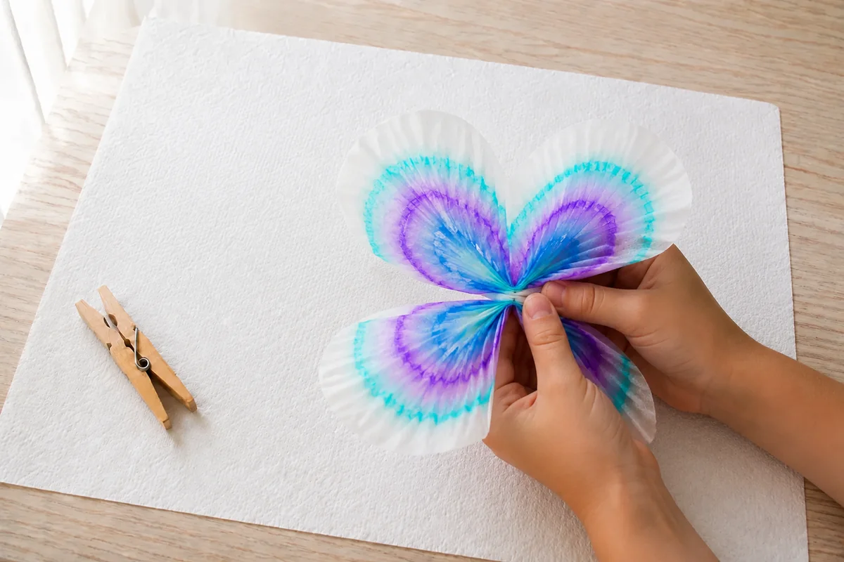 Étape 4 — plisser les ailes du papillon pour transformer un filtre à café en papillon par chromatographie, avec quatre ailes plissées réunies par un centre étroit