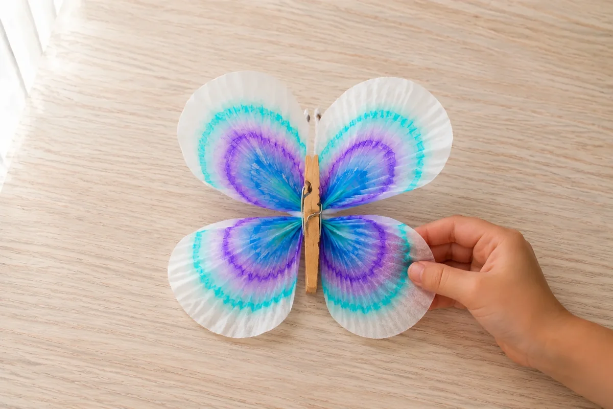 Étape 5 — fixer le corps en pince de bois pour transformer un filtre à café en papillon par chromatographie, avec un papillon complet aux ailes chromatographiées et au corps.