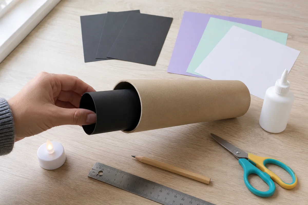 Étape 1 — assombrir l’intérieur du tube pour construire un projecteur de constellations en carton, avec un tube cylindrique dont l’intérieur est entièrement noir et lisse
