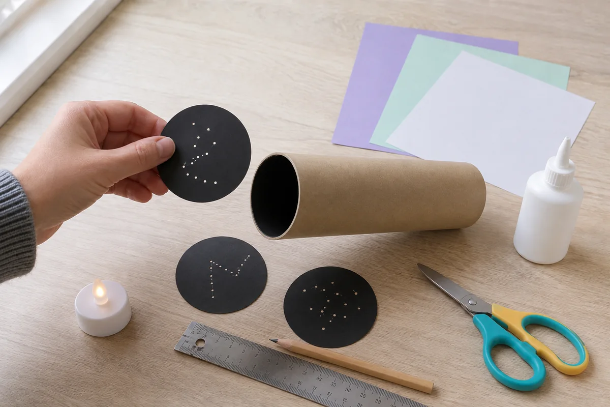 Étape 2 — préparer trois cartes célestes pour construire un projecteur de constellations en carton, avec trois disques noirs distincts, perforés et sans bord déchiré