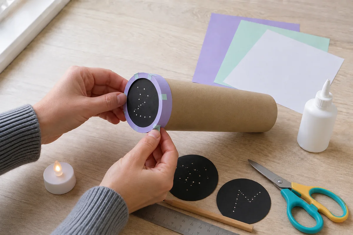 Étape 3 — former la collerette porte-disque pour construire un projecteur de constellations en carton, avec une collerette avant qui reçoit un disque bien perpendiculaire