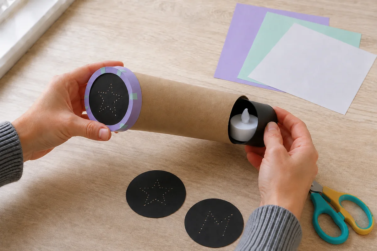 Étape 4 — positionner la lampe led pour construire un projecteur de constellations en carton, avec une lampe LED froide maintenue dans l’axe par un manchon amovible
