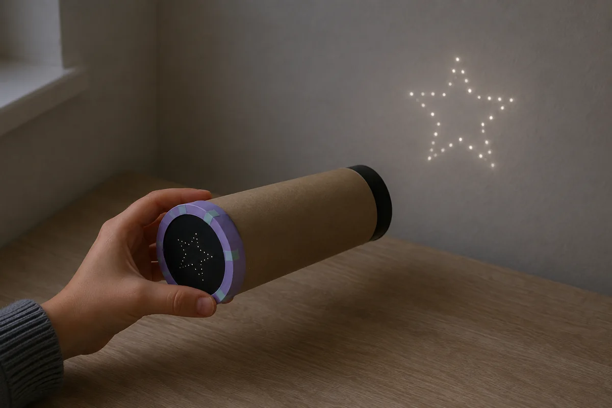 Étape 5 — projeter et régler la distance pour construire un projecteur de constellations en carton, avec un motif de points lumineux projeté tandis que le tube reste stable