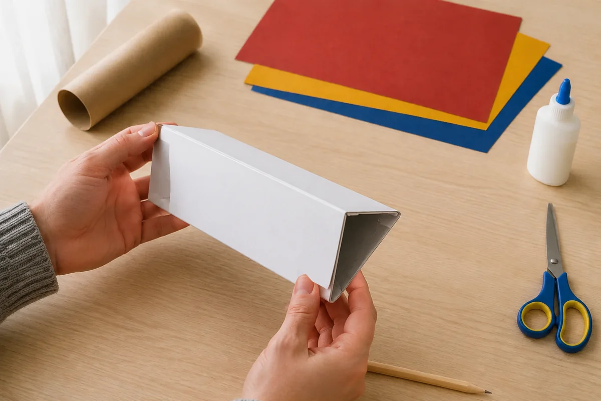 Étape 2 — plier le prisme réfléchissant pour fabriquer un kaléidoscope sans miroir ni verre, avec un prisme triangulaire droit aux faces brillantes orientées vers le centre