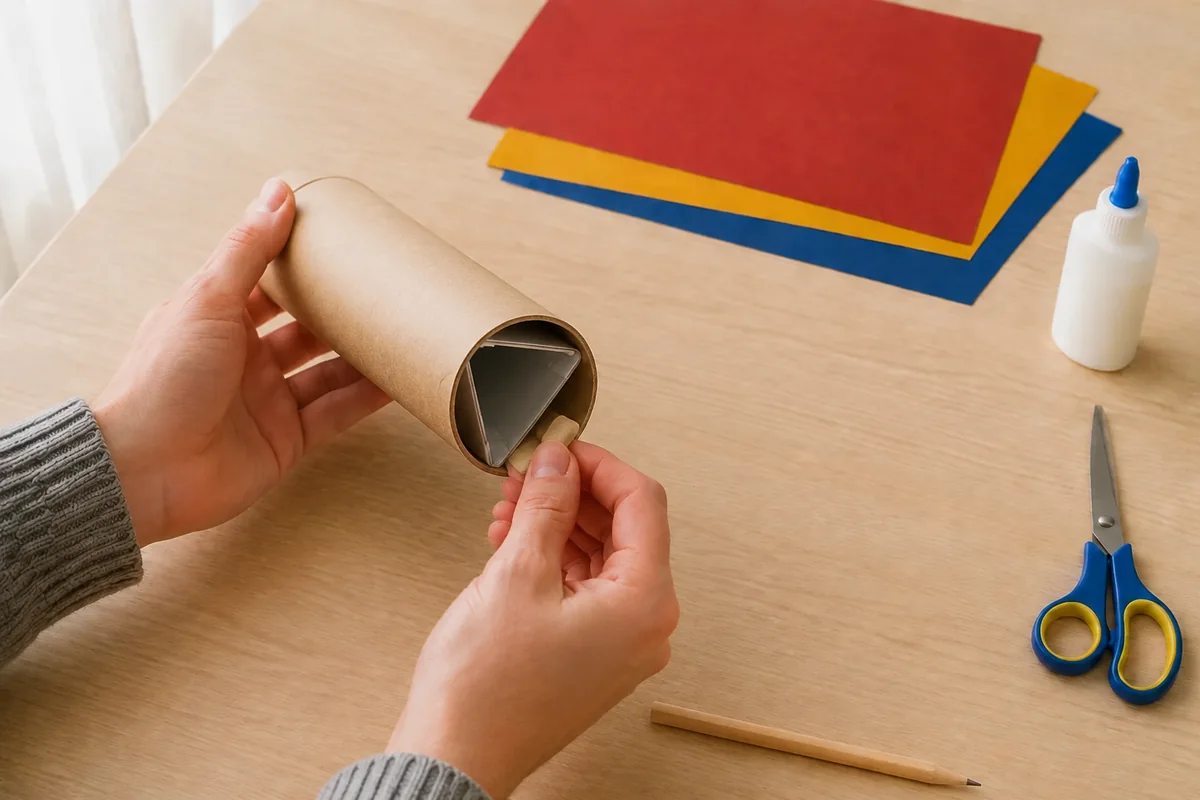 Étape 3 — protéger le prisme dans le tube pour fabriquer un kaléidoscope sans miroir ni verre, avec un prisme immobilisé et entièrement protégé dans le tube