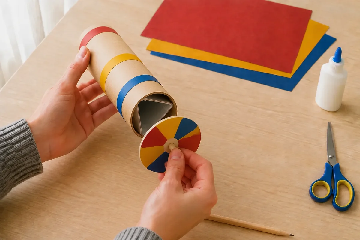 Étape 4 — composer le disque de motifs pour fabriquer un kaléidoscope sans miroir ni verre, avec une rosace plate à grandes formes colorées montée sur un axe en papier