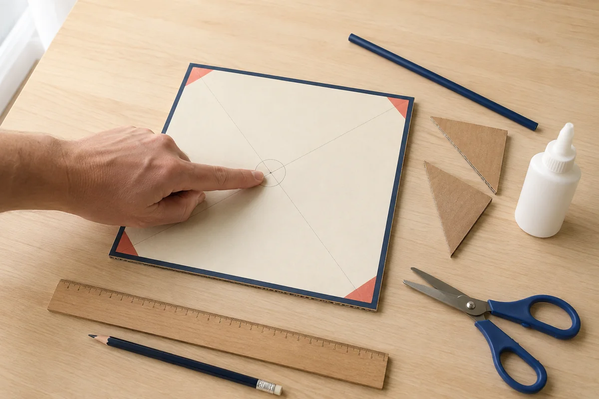 Étape 1 — découper et repérer le centre pour créer un cadran solaire en carton et observer son ombre, avec une base carrée rigide avec un cercle central et des diagonales légères