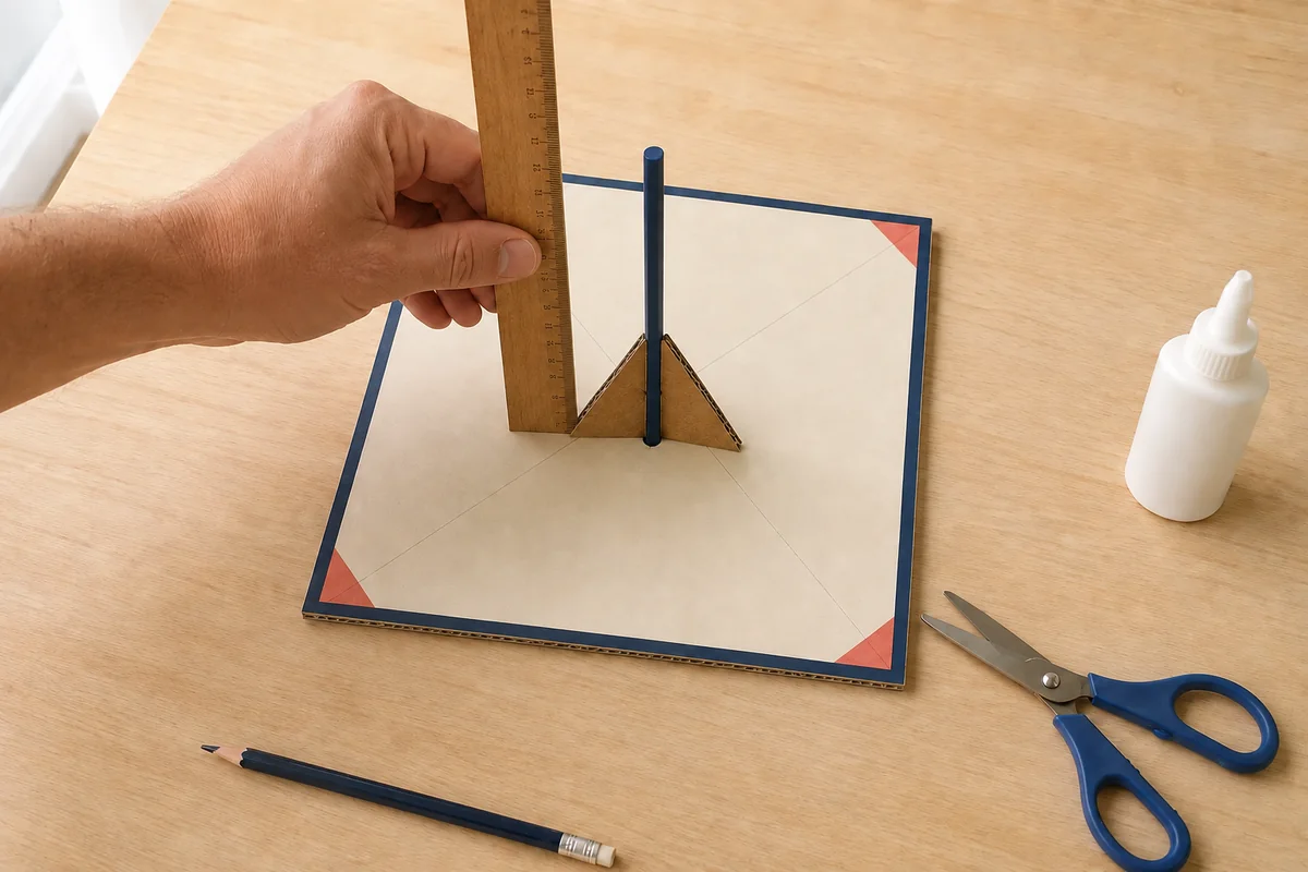 Étape 2 — maintenir la paille verticale pour créer un cadran solaire en carton et observer son ombre, avec une paille droite soutenue par deux triangles symétriques