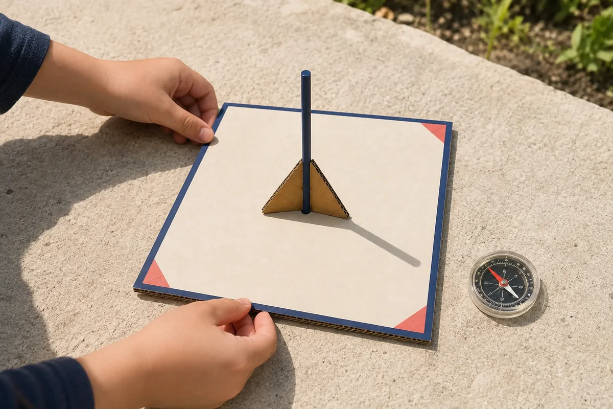 Étape 3 — orienter la base au nord pour créer un cadran solaire en carton et observer son ombre, avec une base orientée sur une surface plane avec l’ombre initiale visible