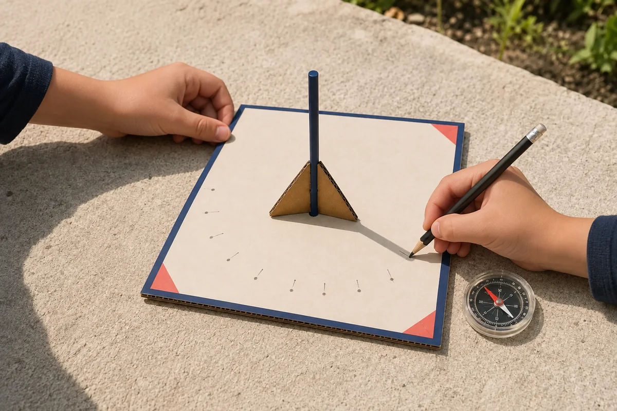 Étape 4 — marquer plusieurs extrémités d’ombre pour créer un cadran solaire en carton et observer son ombre, avec plusieurs points d’ombre successifs reliés à leur base commune