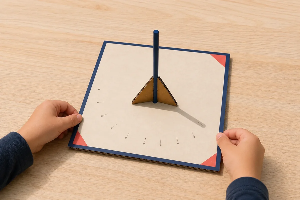 Étape 5 — comparer la trajectoire observée pour créer un cadran solaire en carton et observer son ombre, avec un cadran sec présentant une trajectoire d’ombre clairement relevée