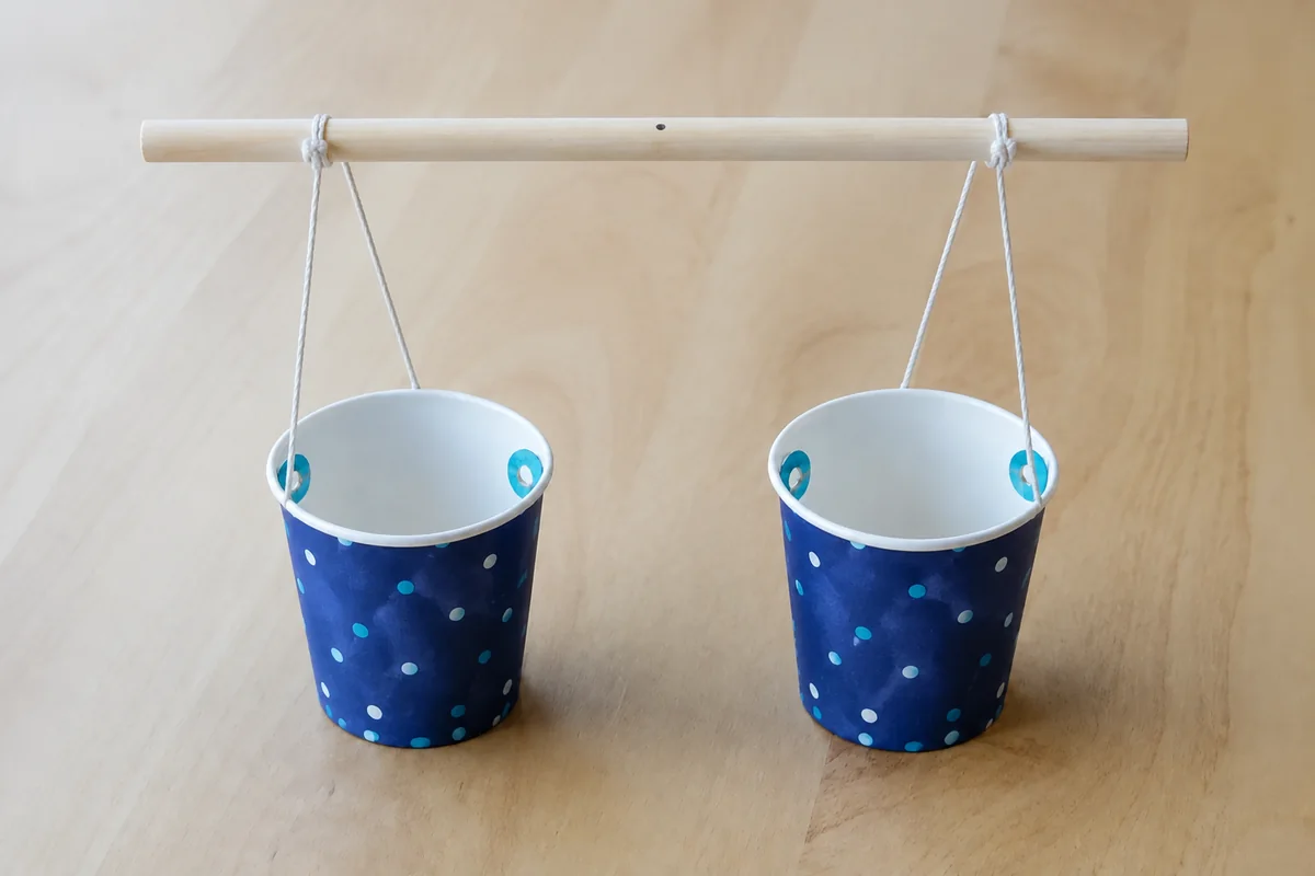 Étape 2 — former la baguette équilibrée pour fabriquer une balance à plateaux en matériaux récupérés, avec une baguette horizontale portant un plateau à chaque extrémité