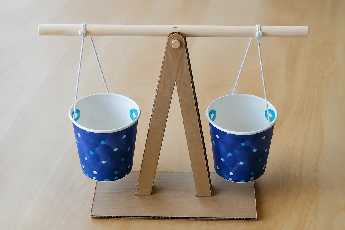 Étape 3 — construire le support et le pivot pour fabriquer une balance à plateaux en matériaux récupérés, avec un support stable avec la baguette libre autour de son pivot central
