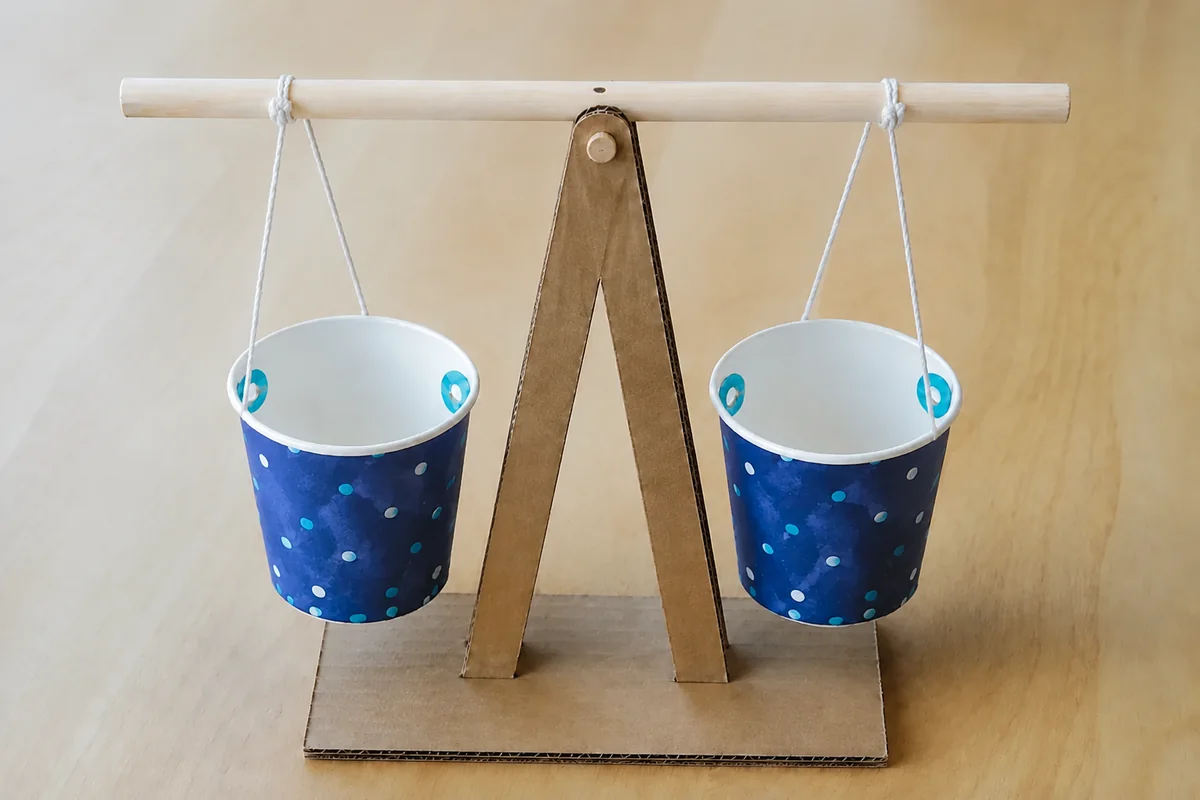 Étape 4 — effectuer la mise à zéro pour fabriquer une balance à plateaux en matériaux récupérés, avec deux plateaux vides immobilisés à la même hauteur