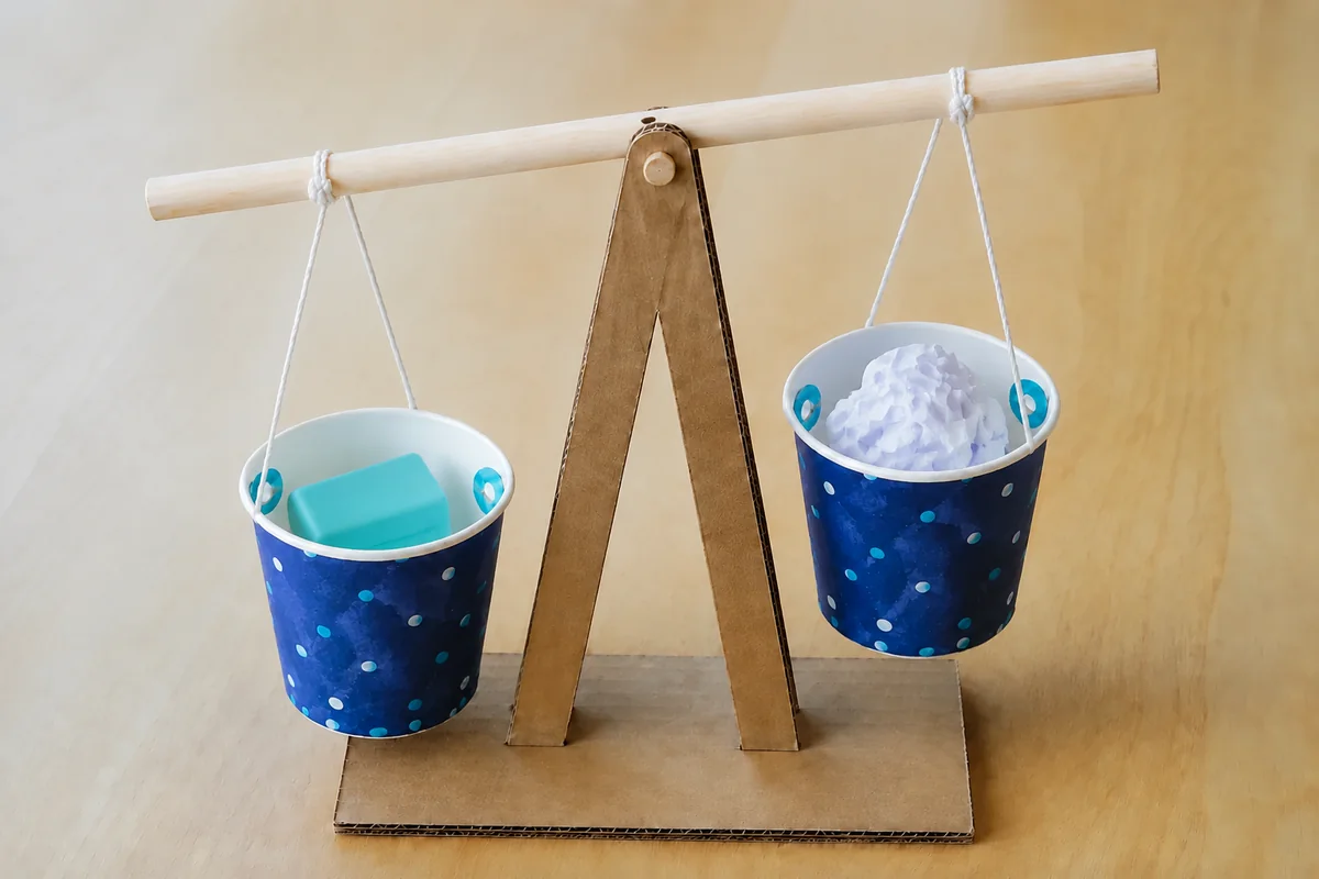 Étape 5 — comparer des objets très légers pour fabriquer une balance à plateaux en matériaux récupérés, avec un plateau légèrement abaissé sous une charge légère et contrôlée
