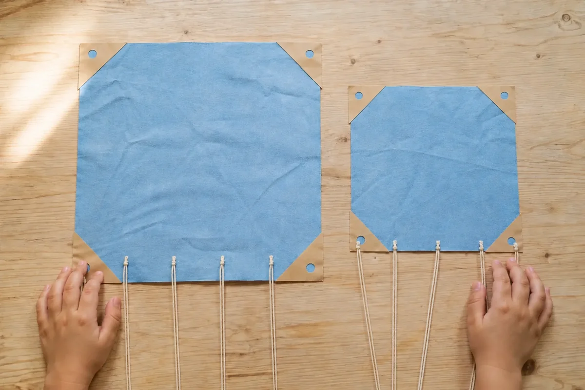 Étape 3 — nouer des suspentes égales pour parachute en tissu : comparer deux tailles de voile, avec deux voiles suspendues par quatre ficelles parfaitement égalisées