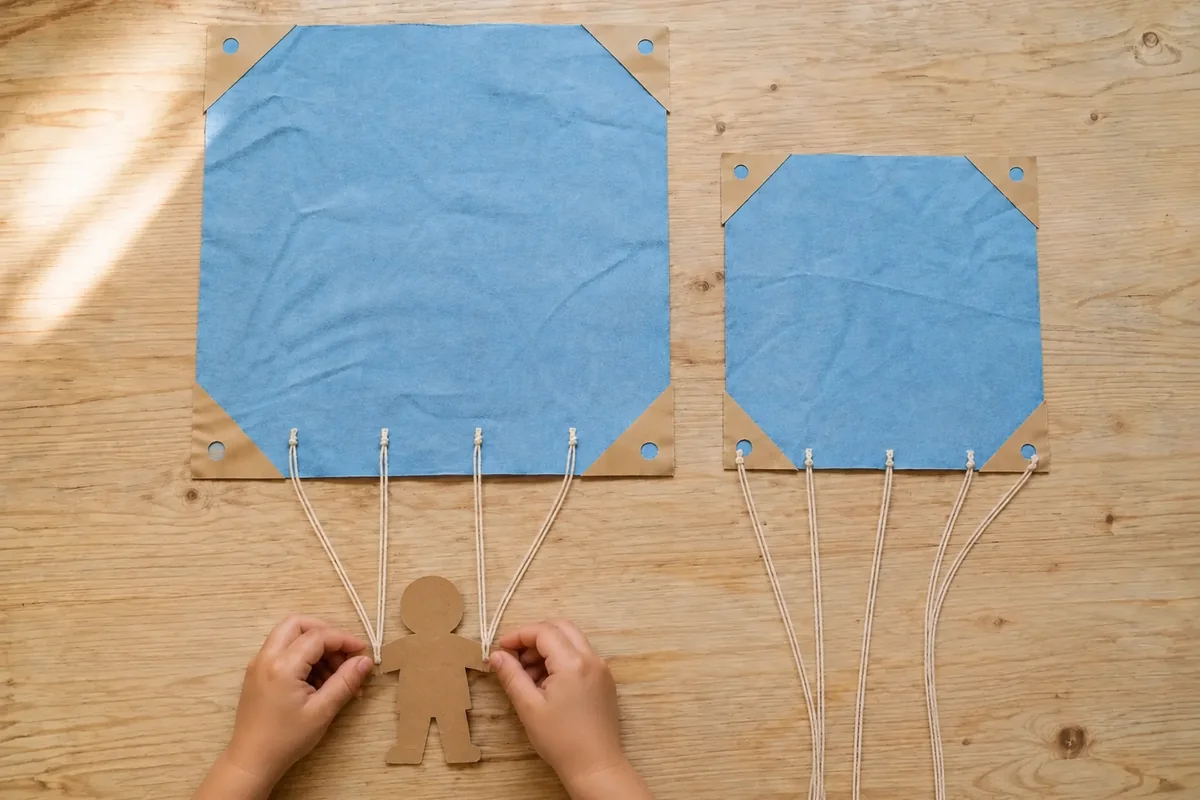 Étape 4 — fixer la même figurine légère pour parachute en tissu : comparer deux tailles de voile, avec une figurine plate centrée sous une voile ouverte