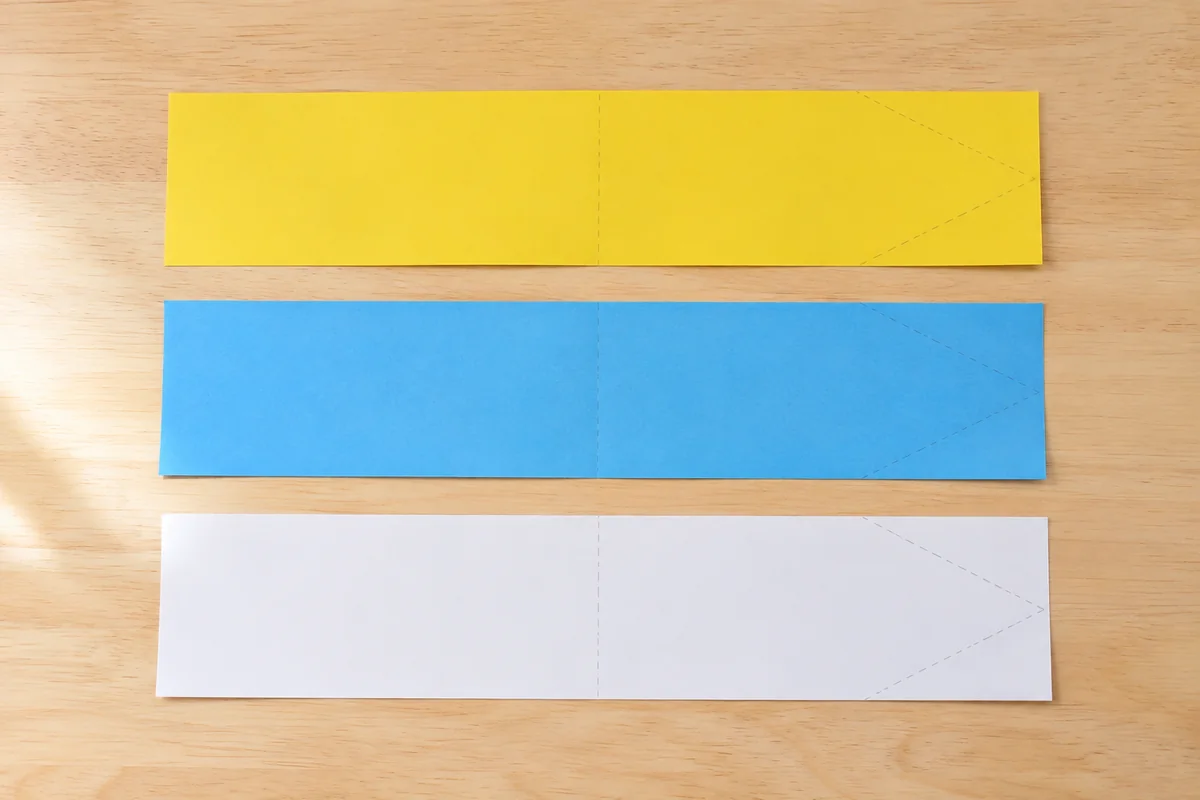 Étape 1 — tracer trois bandes identiques pour fabriquer un hélicoptère en papier et tester ses pales, avec trois patrons rectangulaires identiques avec leurs lignes de pli