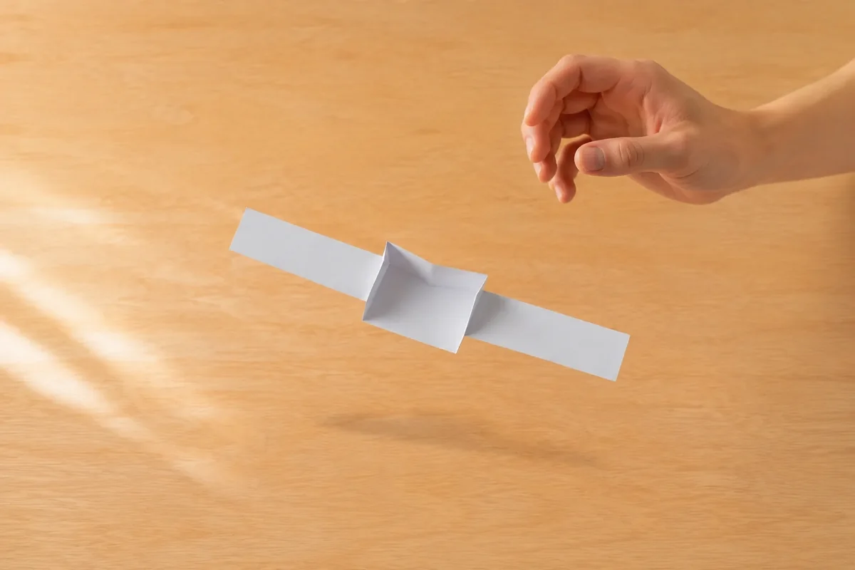 Étape 5 — lâcher et chronométrer les modèles pour fabriquer un hélicoptère en papier et tester ses pales, avec un hélicoptère en rotation au-dessus d’un sol entièrement dégagé